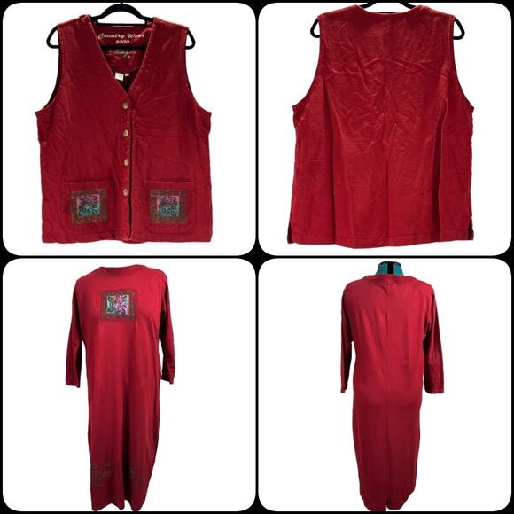 Vintage Country Wear Lonnie G. Star Red 2 Piece Maxi Dress & Vest Set Size Large - Picture 3 of 14